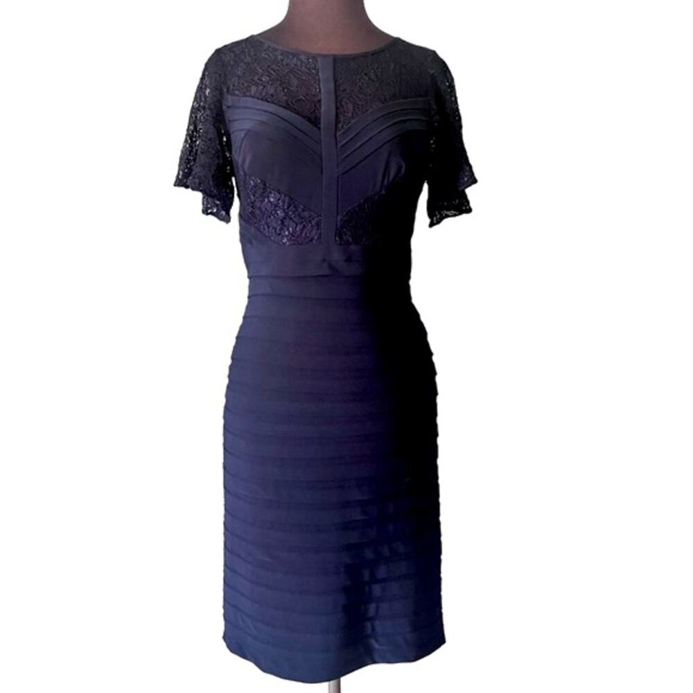Adrianna Papell Navy Lace Top Feminine Stretch Romantic Fitted Cocktail Dress 4